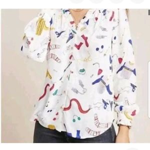 Maeve by Anthropologie winter snow print button down blouse shirt top size 4.